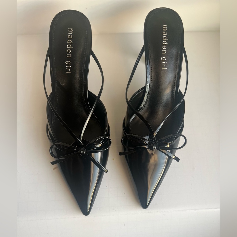 Madden Girl Black Patent Pointed Toe Slingback Heels with Bow